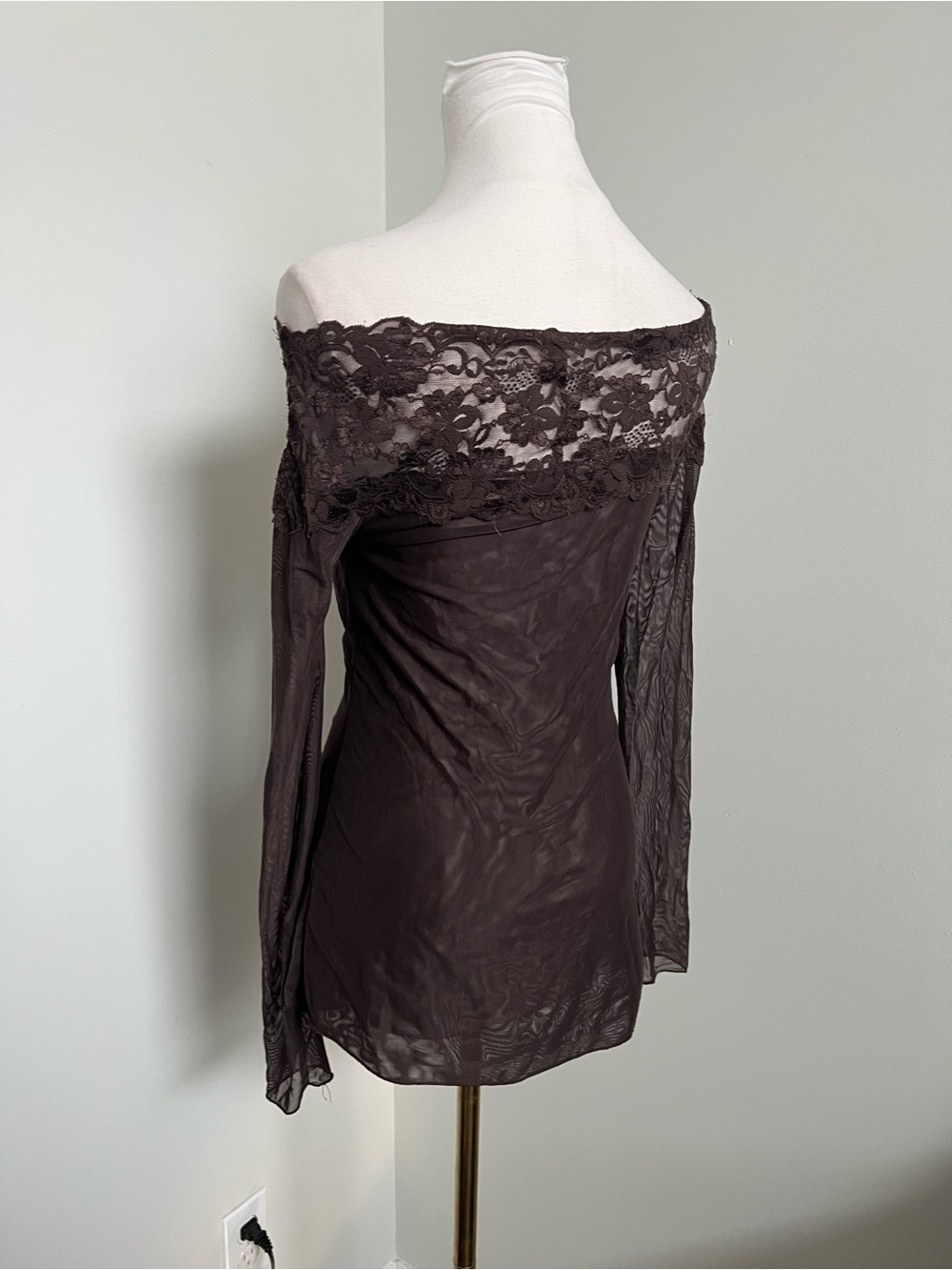 Vintage Whimsigoth Chocolate Brown Lace Mesh Ruched Mini Dress S - Picture 5 of 6